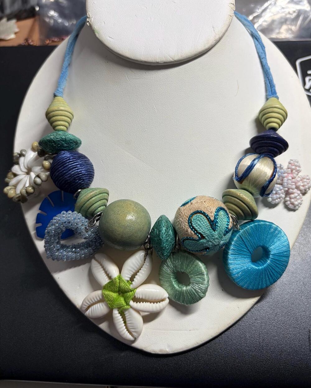 Blue Wooden Bead and Shell Necklace